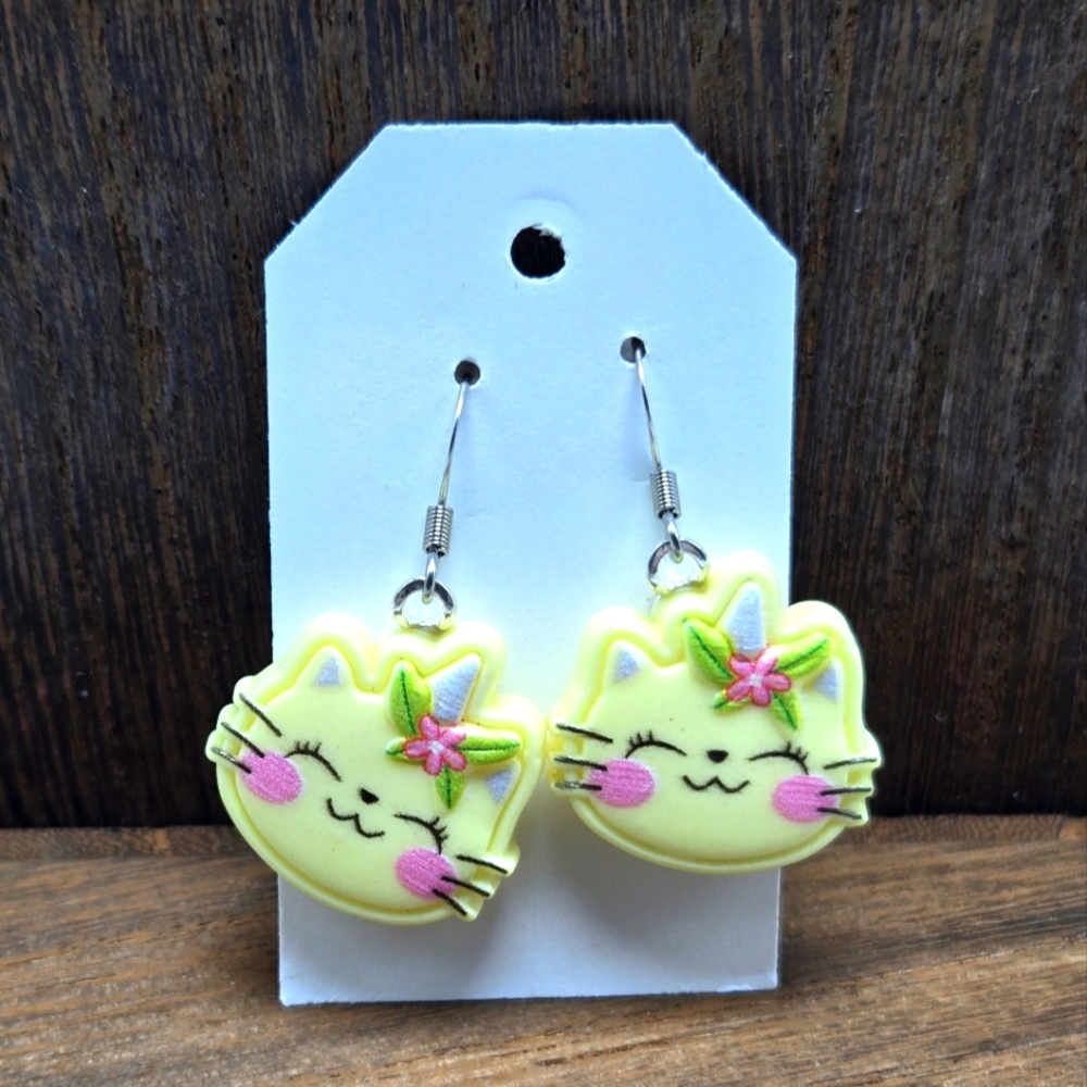 Kawaii Yellow Unicorn Cat Earrings Pierced Pink Flower Cat Lady Dangle Drop